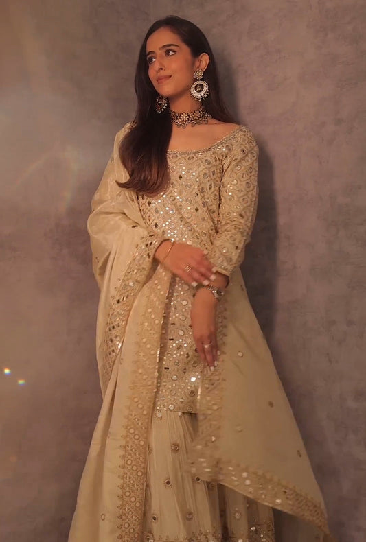 Cream Color Georgette With Sequence Embroidery Work Designer Sharara Suit