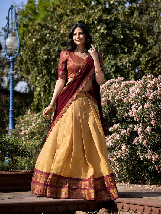 Cream Color Zari Weaving Work Kanchipuram South Indian Half Saree Lehenga Choli