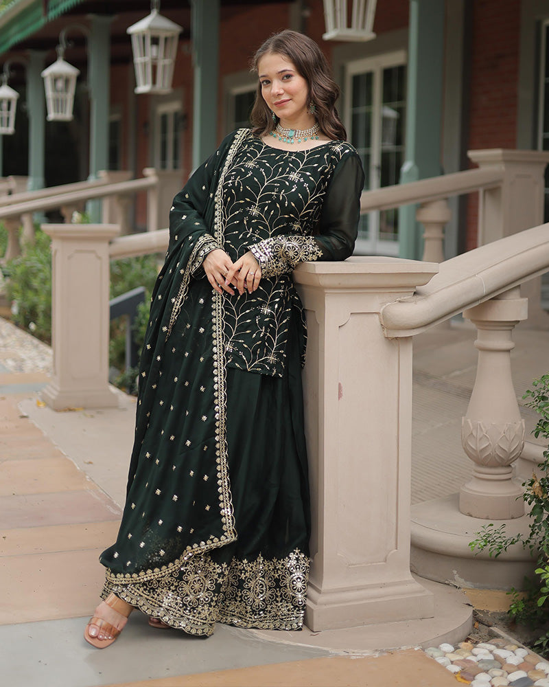 Dark Green Color Rangoli Silk Embroidered Palazzo Suit Set