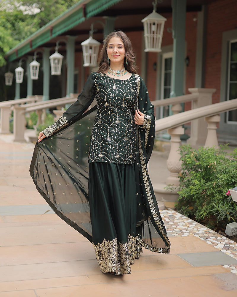 Dark Green Color Rangoli Silk Embroidered Palazzo Suit Set