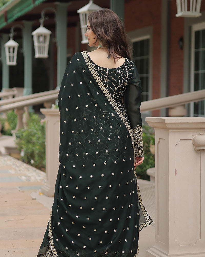 Dark Green Color Rangoli Silk Embroidered Palazzo Suit Set