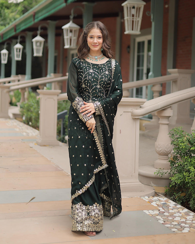 Dark Green Color Rangoli Silk Embroidered Palazzo Suit Set