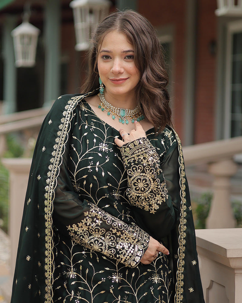 Dark Green Color Rangoli Silk Embroidered Palazzo Suit Set