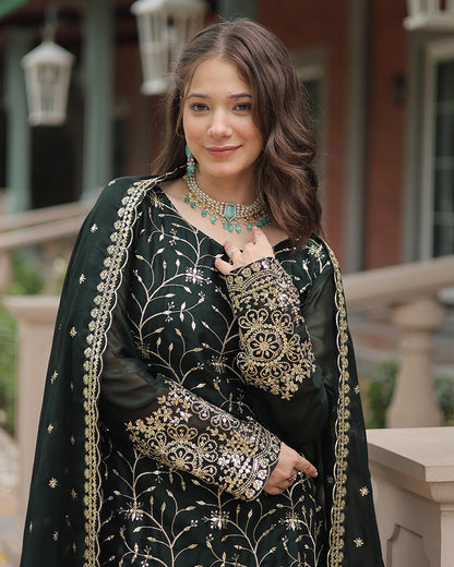 Dark Green Color Rangoli Silk Embroidered Palazzo Suit Set