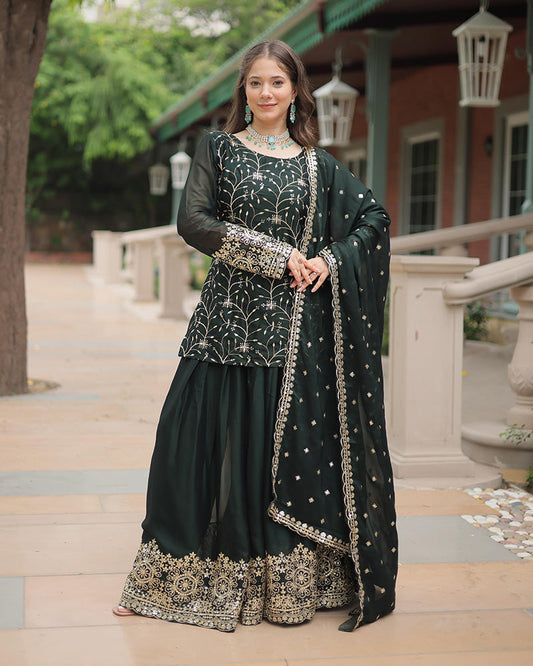 Dark Green Color Rangoli Silk Embroidered Palazzo Suit Set