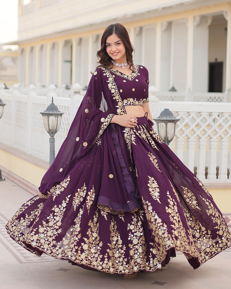 Georgette Sequence Embroidery Violet Lehenga Choli