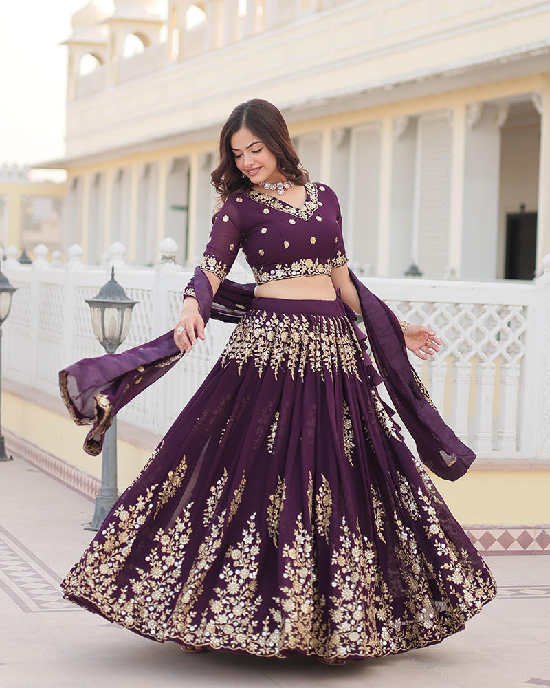 Georgette Sequence Embroidery Violet Lehenga Choli