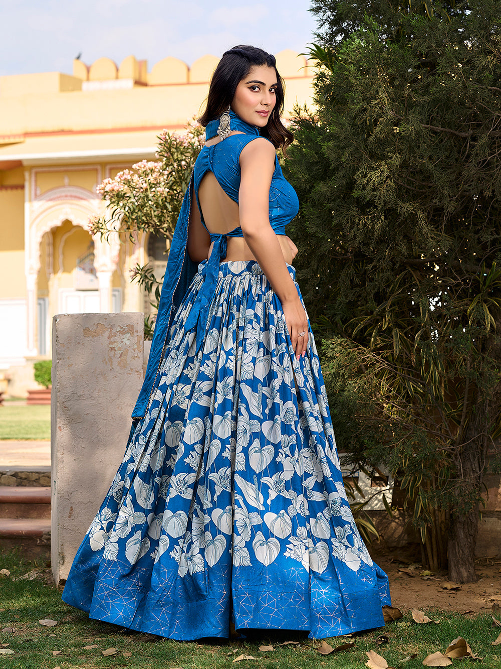 Royal Blue Color Floral Print With Foil Work Tussar Silk Lehenga Choli