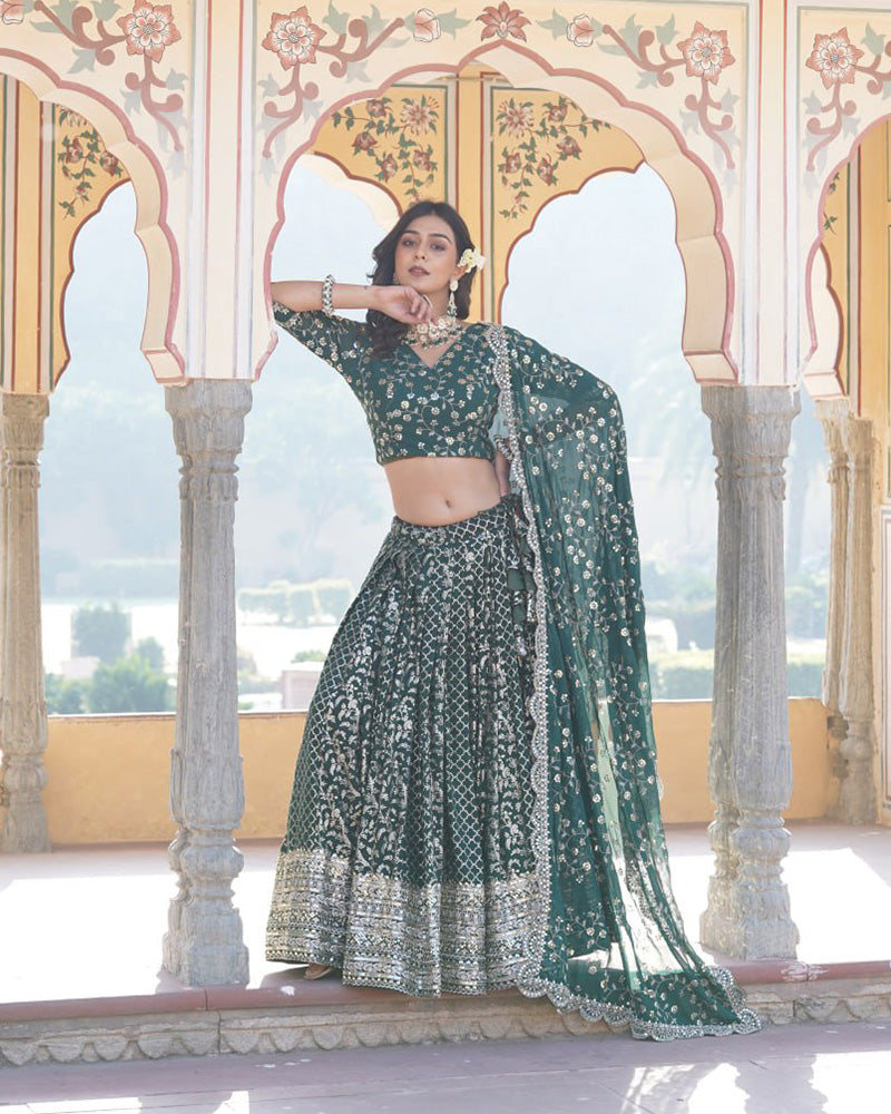 Designer Jacquard Sequence Embroidered Green Lehenga Choli