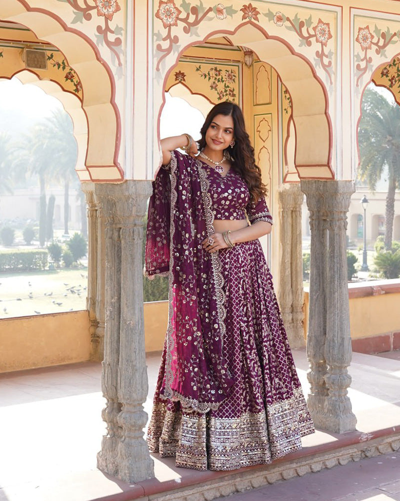 Designer Jacquard Sequence Embroidered Wine Lehenga Choli