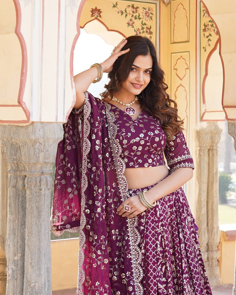 Designer Jacquard Sequence Embroidered Wine Lehenga Choli