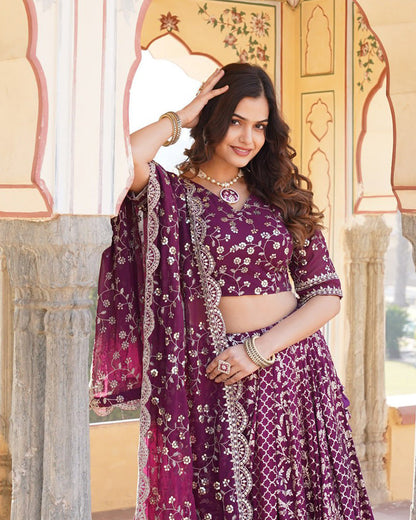 Designer Jacquard Sequence Embroidered Wine Lehenga Choli
