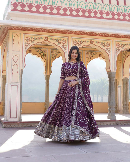 Designer Jacquard Sequence Embroidered Wine Lehenga Choli