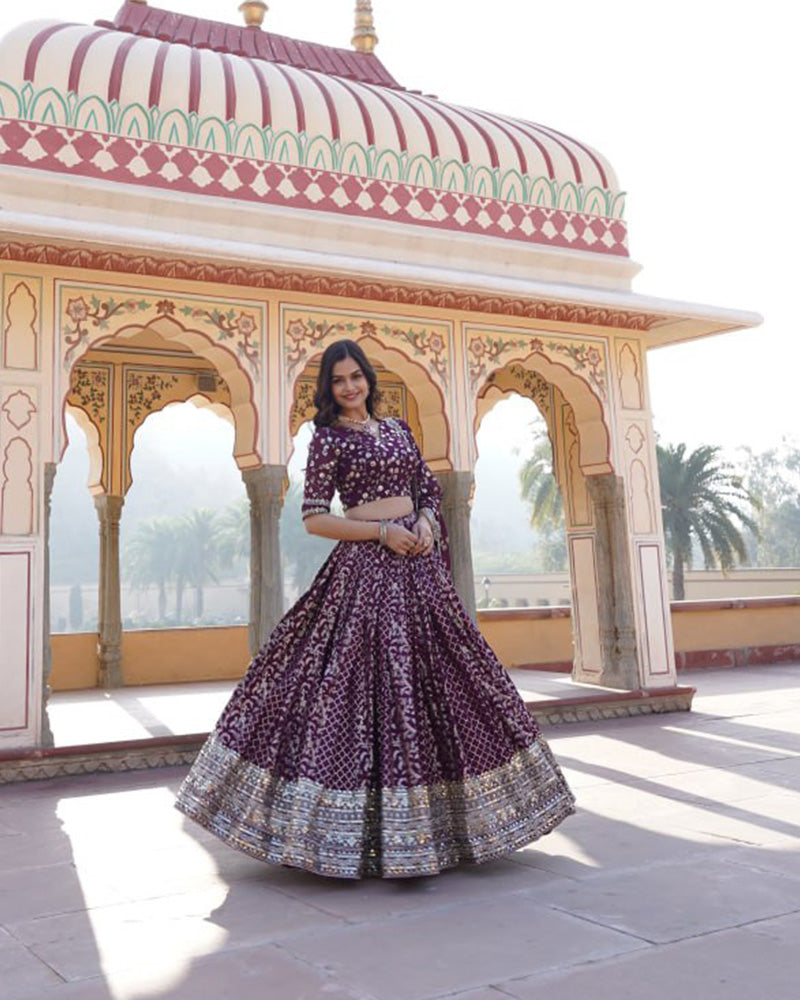 Designer Jacquard Sequence Embroidered Wine Lehenga Choli