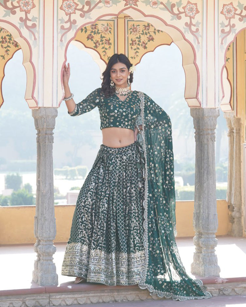 Designer Jacquard Sequence Embroidered Green Lehenga Choli