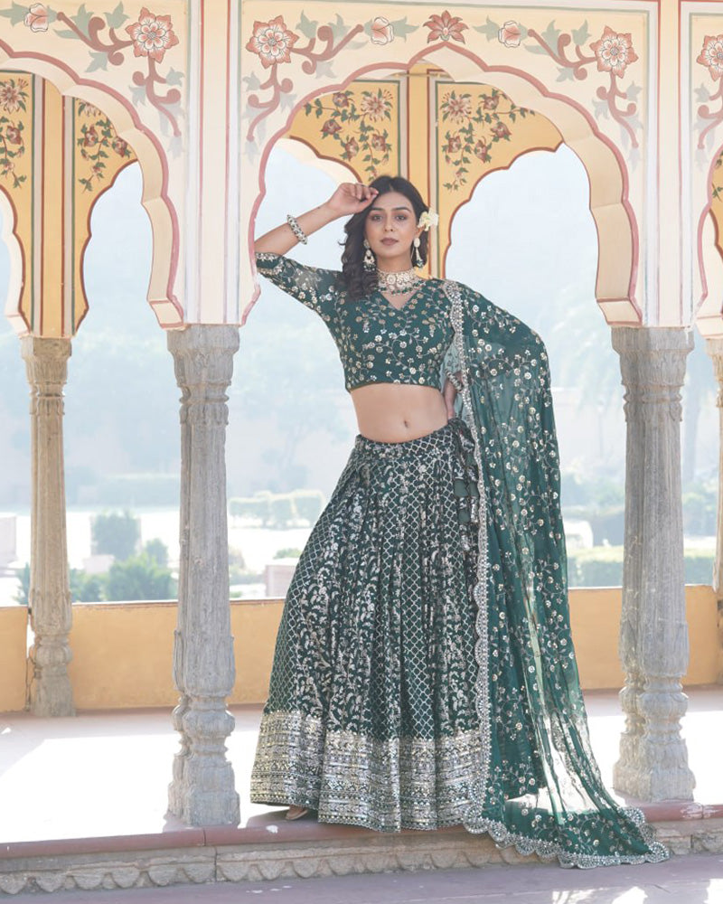 Designer Jacquard Sequence Embroidered Green Lehenga Choli