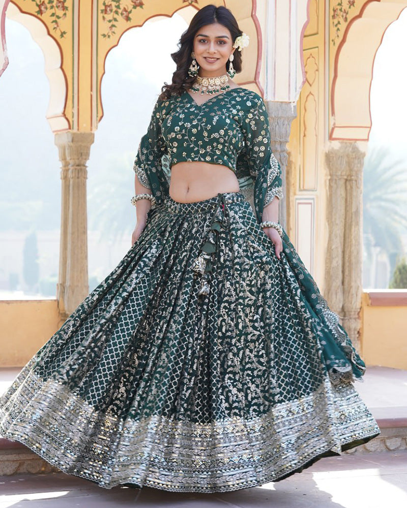 Designer Jacquard Sequence Embroidered Green Lehenga Choli