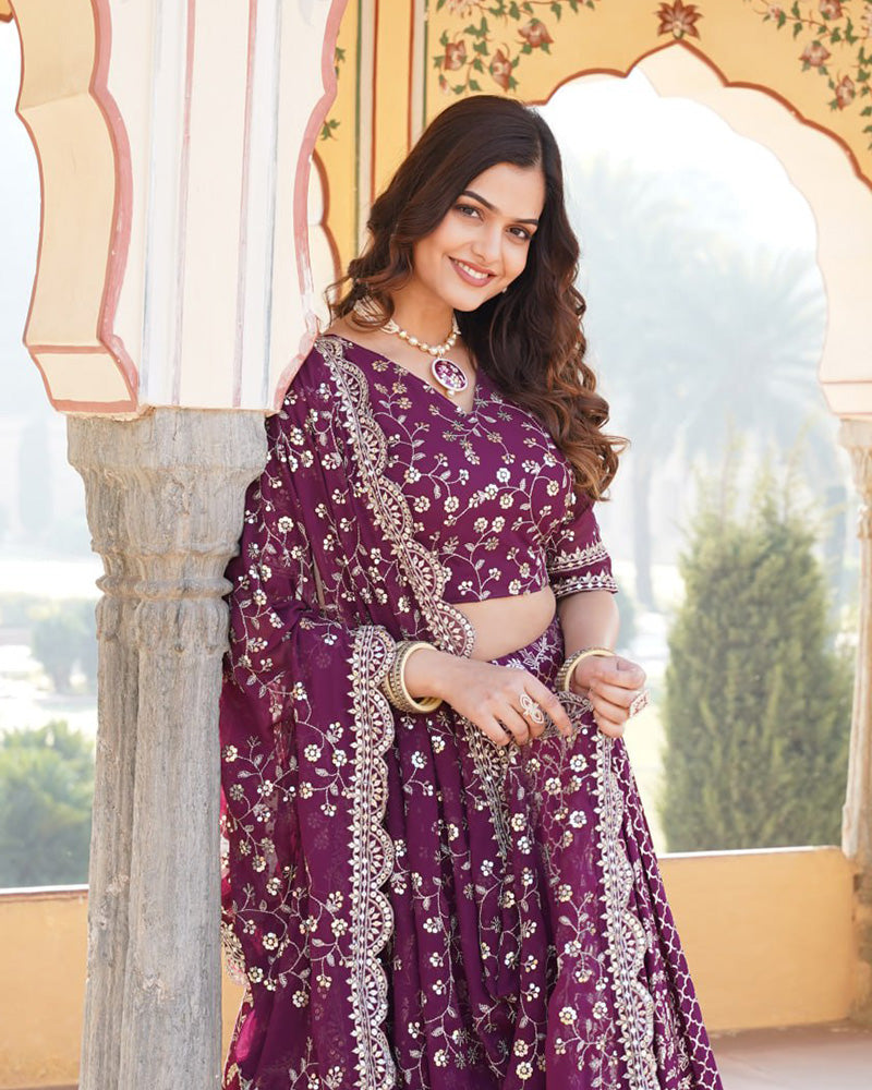 Designer Jacquard Sequence Embroidered Wine Lehenga Choli
