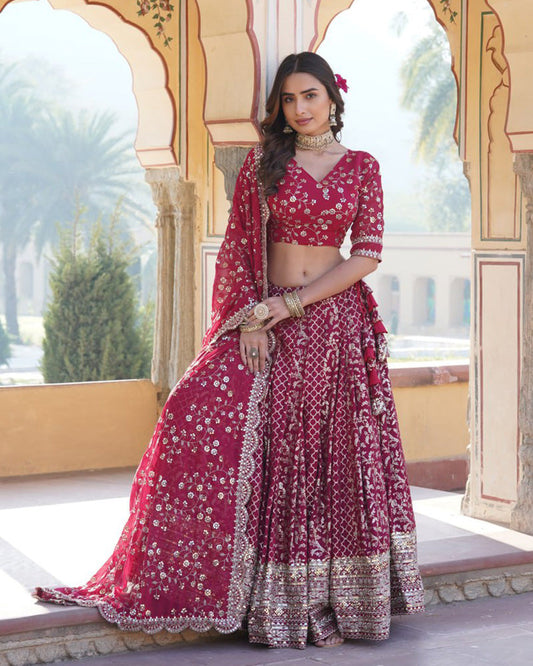 Designer Jacquard Sequence Embroidered Rani Pink Lehenga Choli