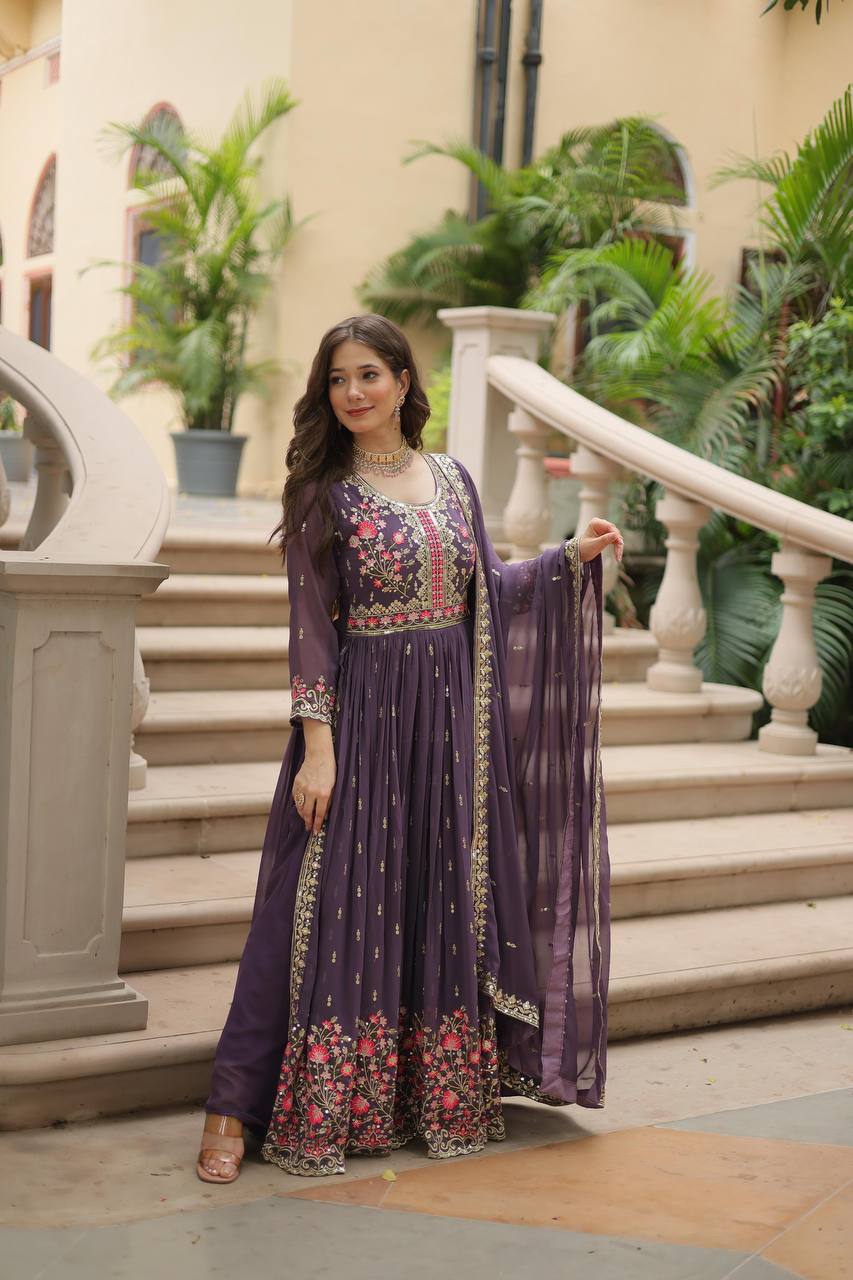 Designer Lavender Color Three Piece Long Kurta With Palazzo Suit Set