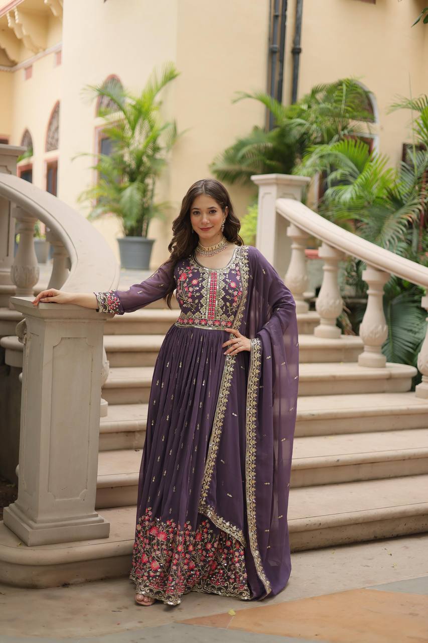 Designer Lavender Color Three Piece Long Kurta With Palazzo Suit Set