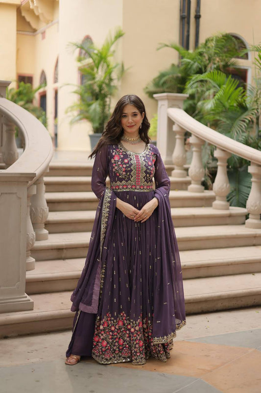 Designer Lavender Color Three Piece Long Kurta With Palazzo Suit Set