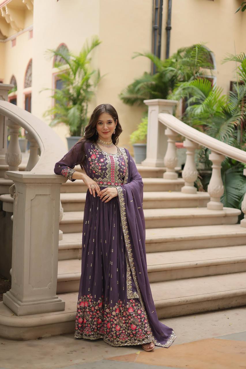 Designer Lavender Color Three Piece Long Kurta With Palazzo Suit Set