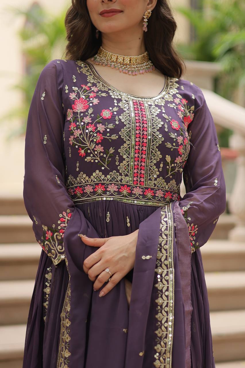 Designer Lavender Color Three Piece Long Kurta With Palazzo Suit Set