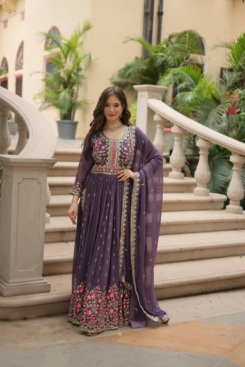 Designer Lavender Color Three Piece Long Kurta With Palazzo Suit Set