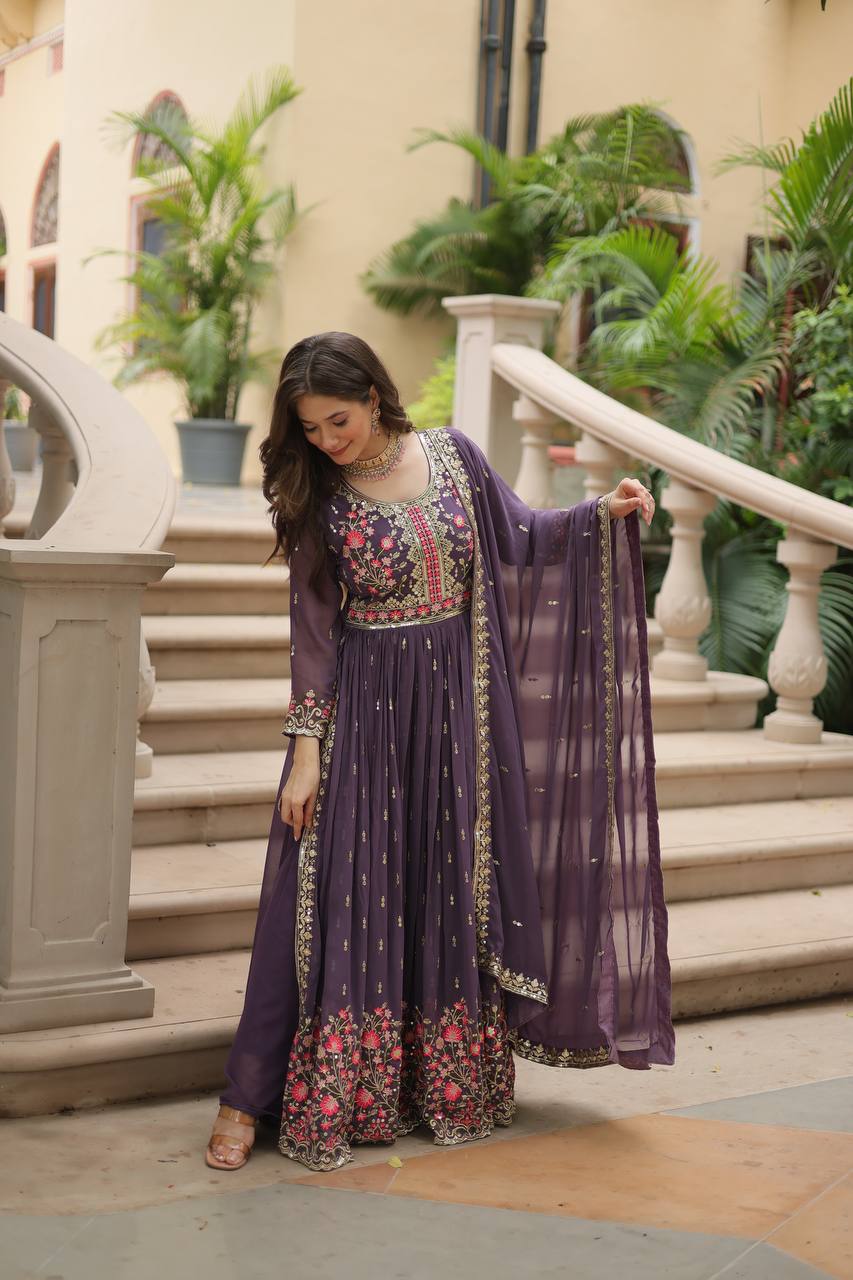Designer Lavender Color Three Piece Long Kurta With Palazzo Suit Set