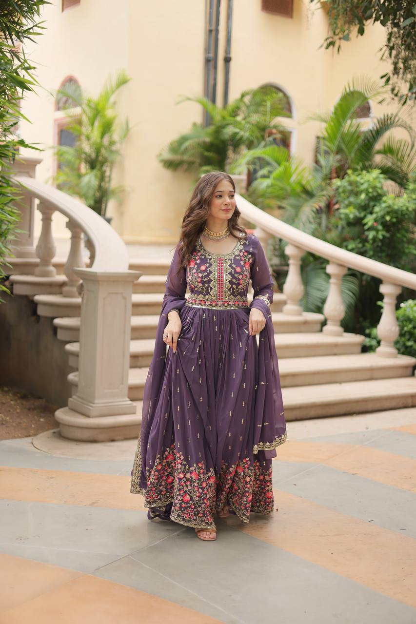 Designer Lavender Color Three Piece Long Kurta With Palazzo Suit Set
