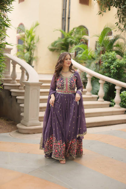 Designer Lavender Color Three Piece Long Kurta With Palazzo Suit Set