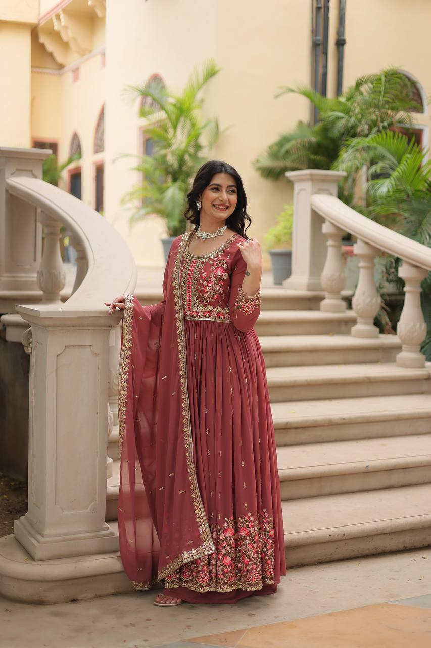 Designer Peach Color Three Piece Long Kurta With Palazzo Suit Set