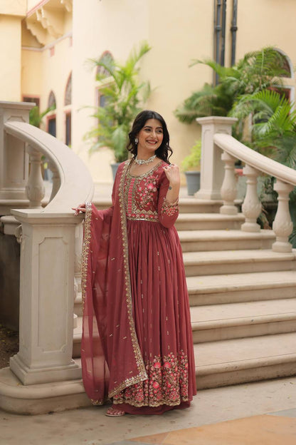 Designer Peach Color Three Piece Long Kurta With Palazzo Suit Set