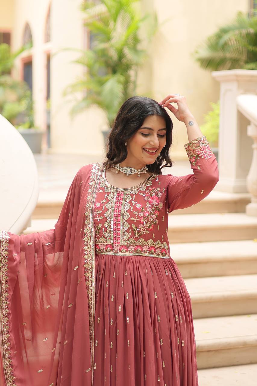 Designer Peach Color Three Piece Long Kurta With Palazzo Suit Set
