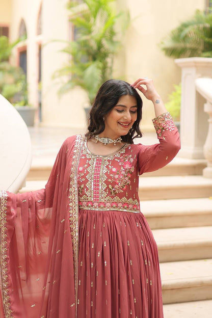Designer Peach Color Three Piece Long Kurta With Palazzo Suit Set