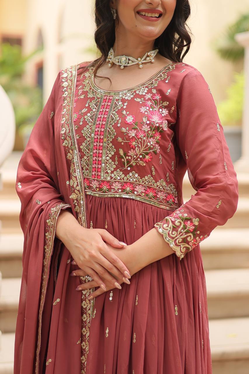 Designer Peach Color Three Piece Long Kurta With Palazzo Suit Set