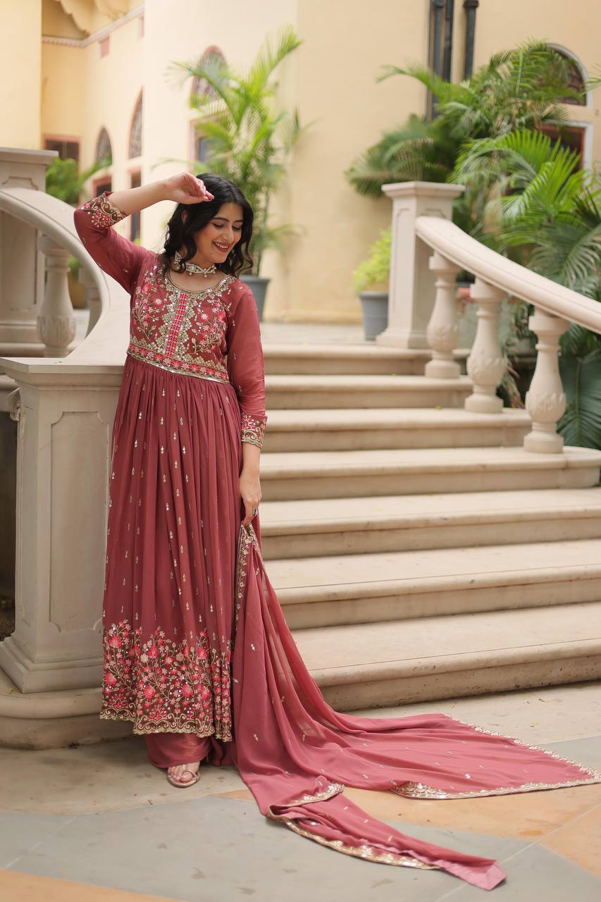 Designer Peach Color Three Piece Long Kurta With Palazzo Suit Set