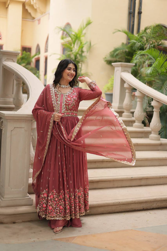 Designer Peach Color Three Piece Long Kurta With Palazzo Suit Set