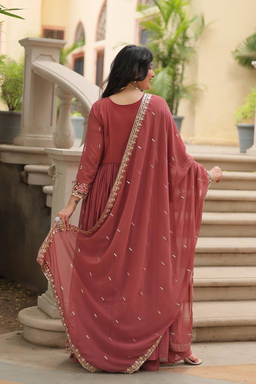 Designer Peach Color Three Piece Long Kurta With Palazzo Suit Set