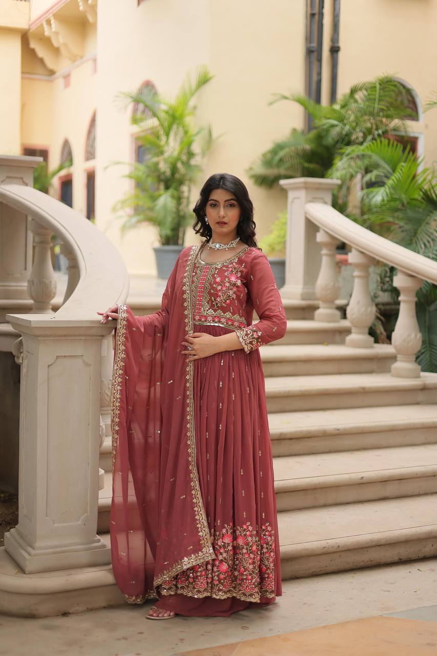 Designer Peach Color Three Piece Long Kurta With Palazzo Suit Set