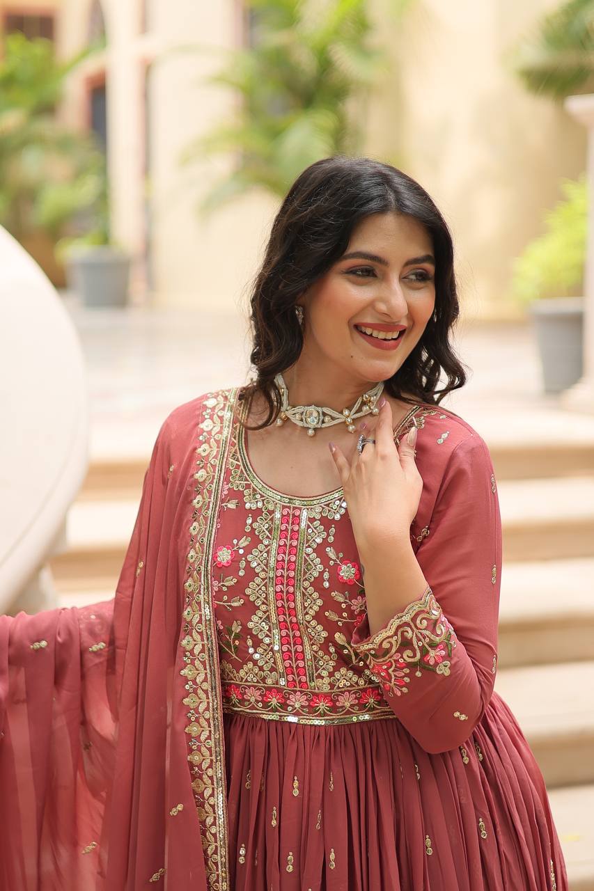 Designer Peach Color Three Piece Long Kurta With Palazzo Suit Set