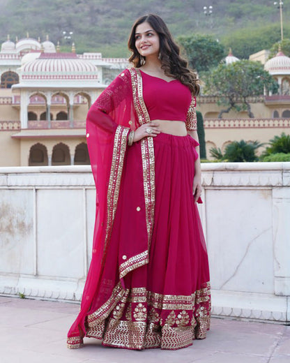 Designer Faux Blooming Semi Stitched Pink Lehenga Choli