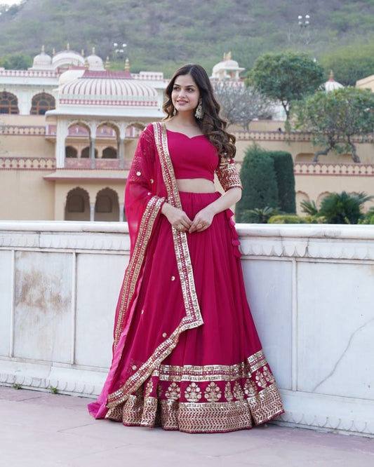 Designer Faux Blooming Semi Stitched Pink Lehenga Choli