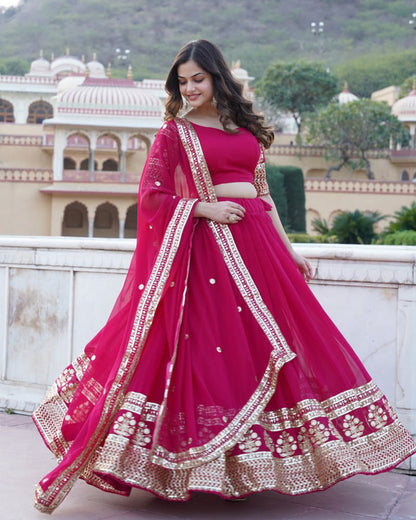 Designer Faux Blooming Semi Stitched Pink Lehenga Choli