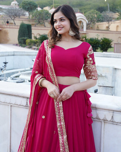 Designer Faux Blooming Semi Stitched Pink Lehenga Choli