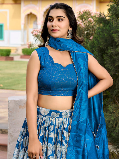 Royal Blue Color Floral Print With Foil Work Tussar Silk Lehenga Choli