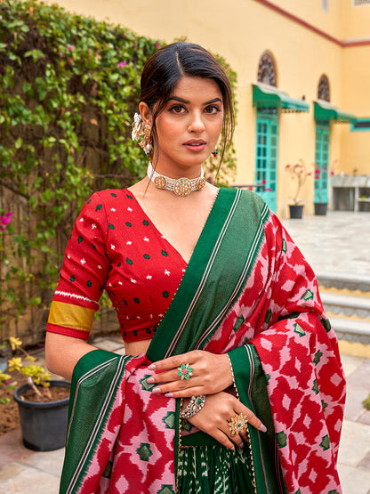 Green Color Print With Foil Work Tussar Silk Lehenga Choli