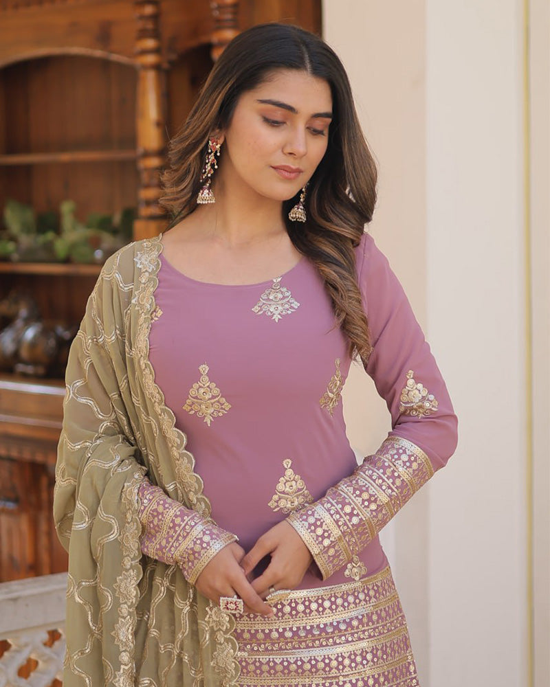 Beautiful Onion Color Georgette Three Piece Palazzo Suit