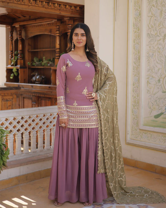Beautiful Onion Color Georgette Three Piece Palazzo Suit